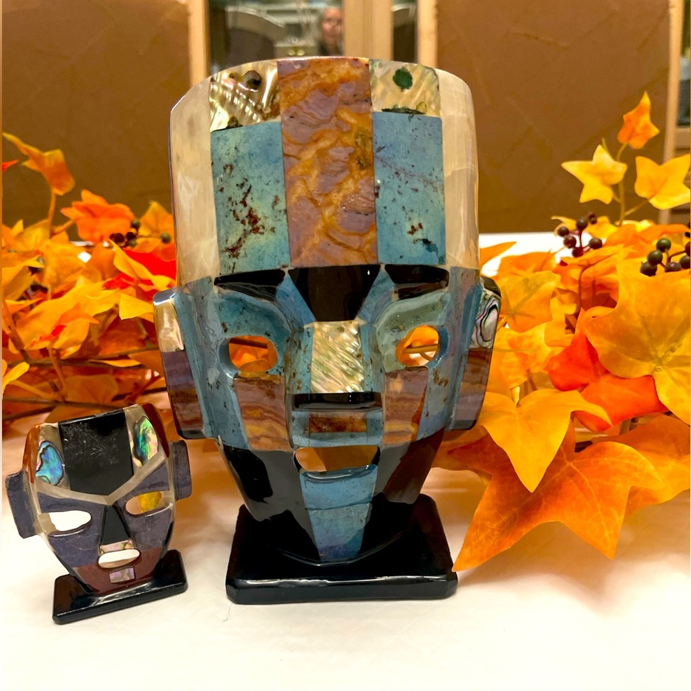 Mexican Glazed Ceramic Masks. Warrior Mask on Stand. Turquoise/Black & Stand.
